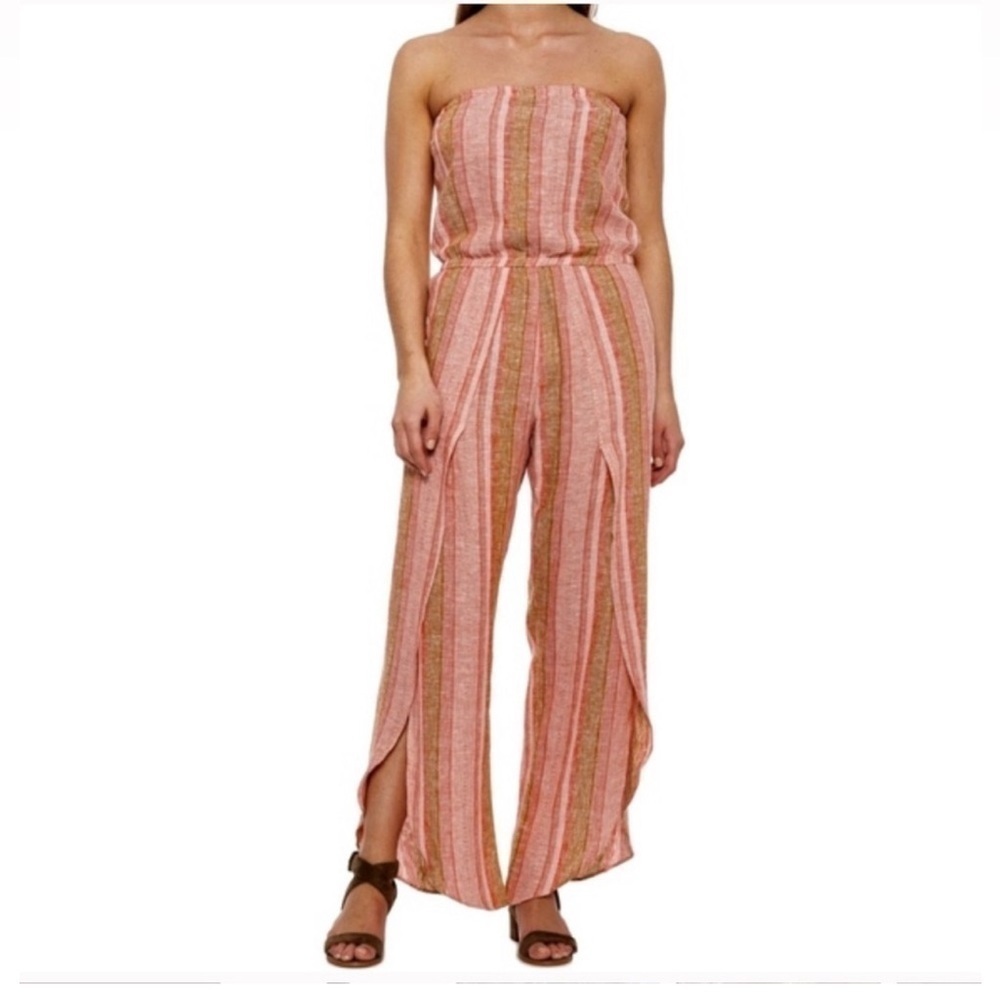 DREW Emerson Wide Split Leg Strapless Linen Blend Striped Romper Size Small